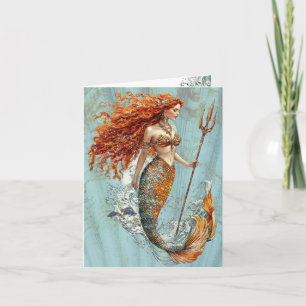 Tarjeta de nota doblada de sirena vintage azul océ
