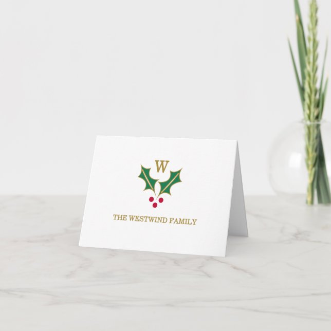 Tarjeta de nota doblada Monograma Holly y Bayas (Anverso)