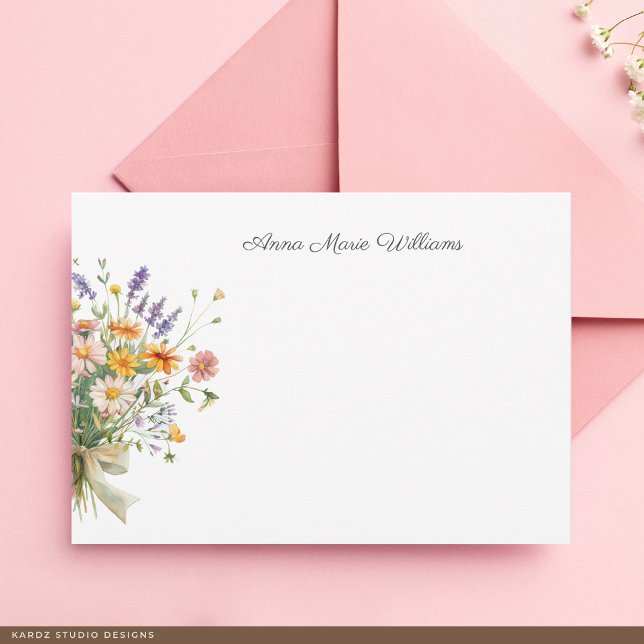 Tarjeta de nota elegante Boho Wildflower (The front of the card is shown at a 3.5 x 5 inch size. Choose size, paper, + corner style.)