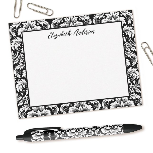 Tarjeta de nota elegante de damasco blanco negro (Elegant black and white damask notecard, Personalize it with your name.)