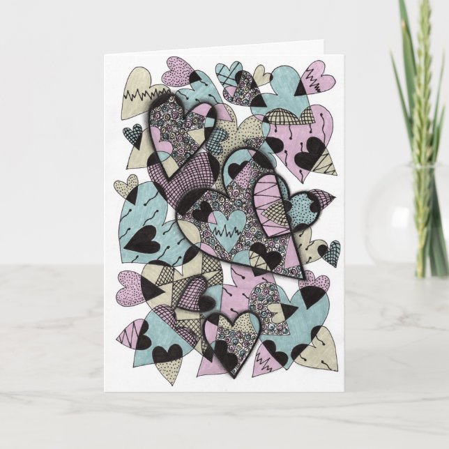 Tarjeta de nota en blanco con corazones dibujados  (Anverso)