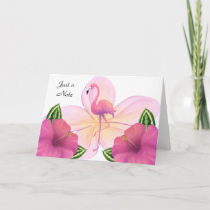 Tarjeta de nota en blanco con flamenco e hibisco