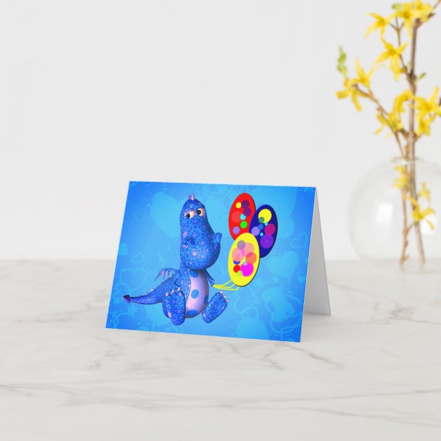 Tarjeta De Nota En Blanco De Dragón Azul Y Globos (flor amarilla)