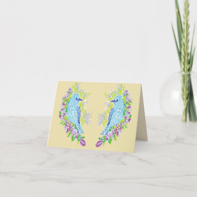 Tarjeta de nota en blanco dentro / Aves azules (Anverso)
