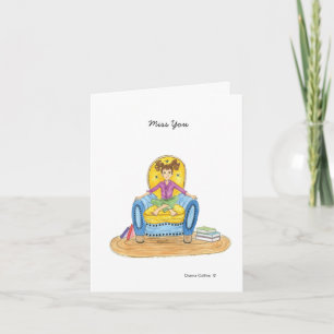 Tarjeta de nota en blanco para niñita con silla az