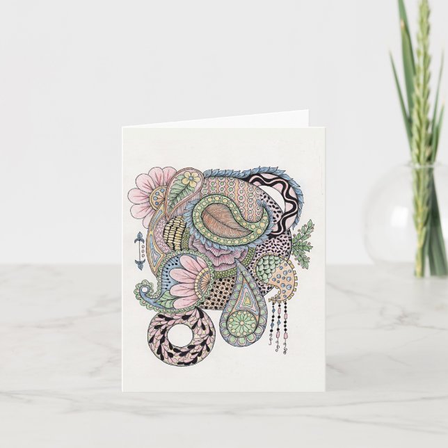 Tarjeta de nota en blanco plegado Doodle rosa y az (Anverso)