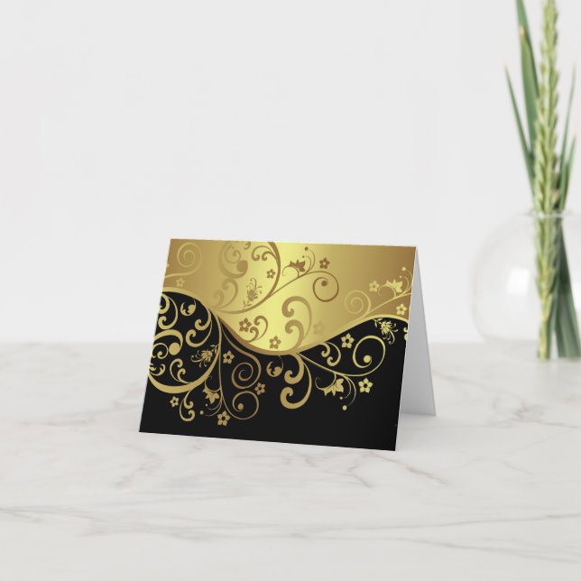 Tarjeta de nota en blanco—Swirls en negro y dorado (Anverso)