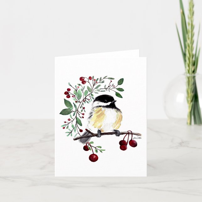 Tarjeta de nota encantadora de la acuarela de poll (Cute watercolor chickadee on branch with berries note card from Jenn Steffen Art)