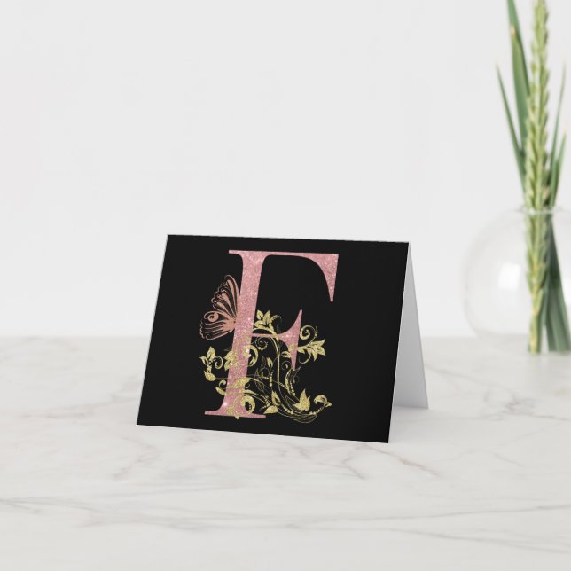Tarjeta de nota F de letra floral Purpurina rosa (Anverso)