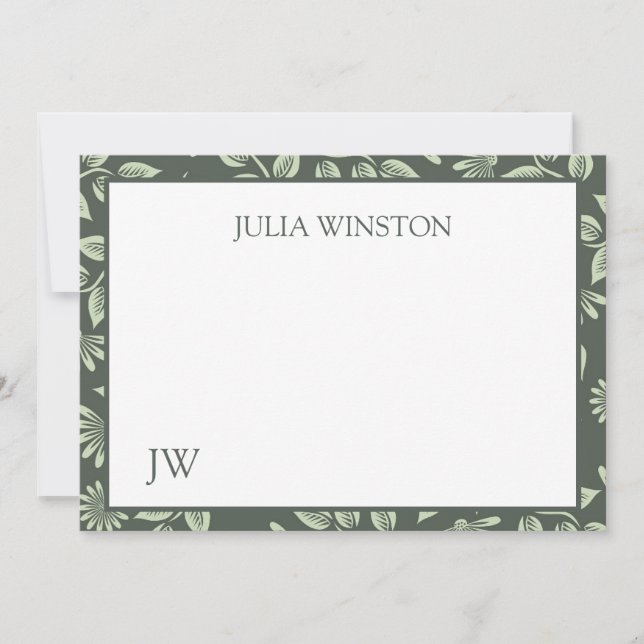 Tarjeta de nota floral verde sofisticada con inici (Anverso)