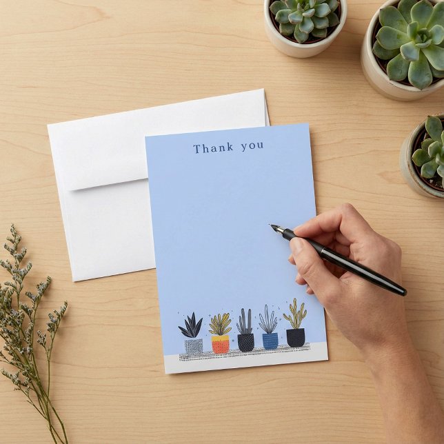 Tarjeta de nota Ilustracion de plantas machacadas  (Bright potted Plants Illustration note card.)