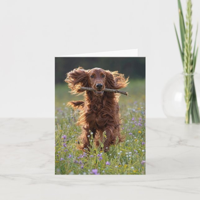 Tarjeta de nota Irish Setter en campo de flores si (Anverso)