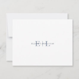 Tarjeta de nota monográfica de Boda azul blanco