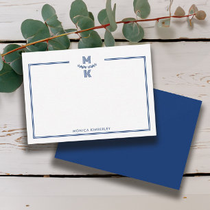 Tarjeta de nota monograma azul de dos bordes de la