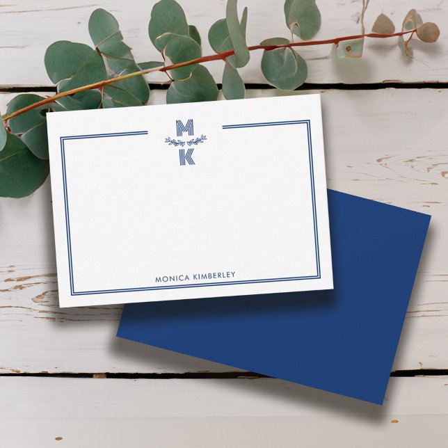Tarjeta de nota monograma azul de dos bordes de la (Minimalist Navy Blue Two Border Monogram Note Card)