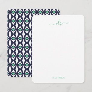 Tarjeta de nota Monograma de Diamantes Verde y Mar