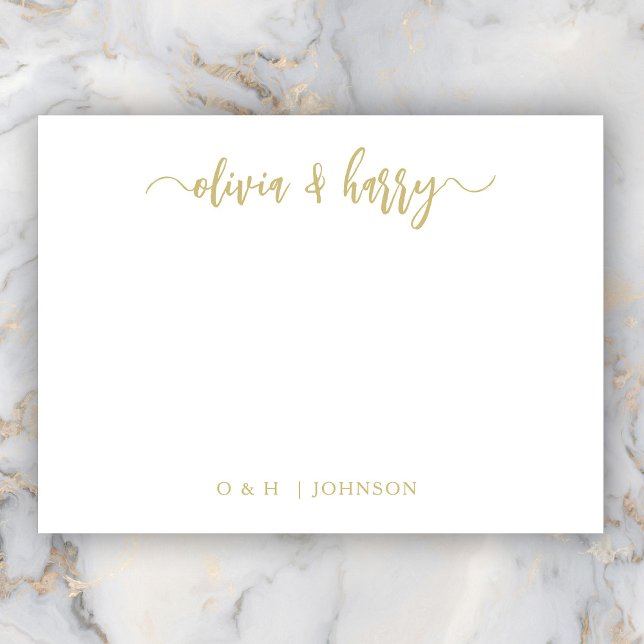 Tarjeta de nota Monograma Oro Boda Blanco (Personalize Your Name(s) in Stylish Hand Lettered Script. Add Elegant Monogram Initials & Surname.)