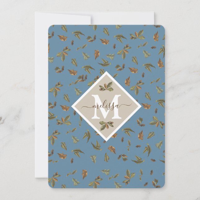 Tarjeta de nota monogramada Dusty Blue Rustic Leav (Anverso)