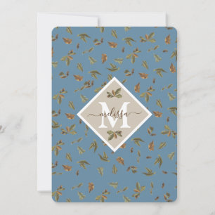 Tarjeta de nota monogramada Dusty Blue Rustic Leav