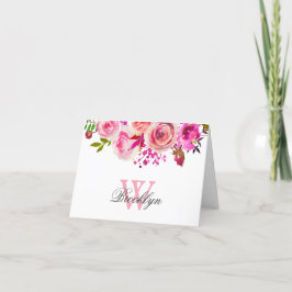 Tarjeta de nota monogramada floral brillante rosa 