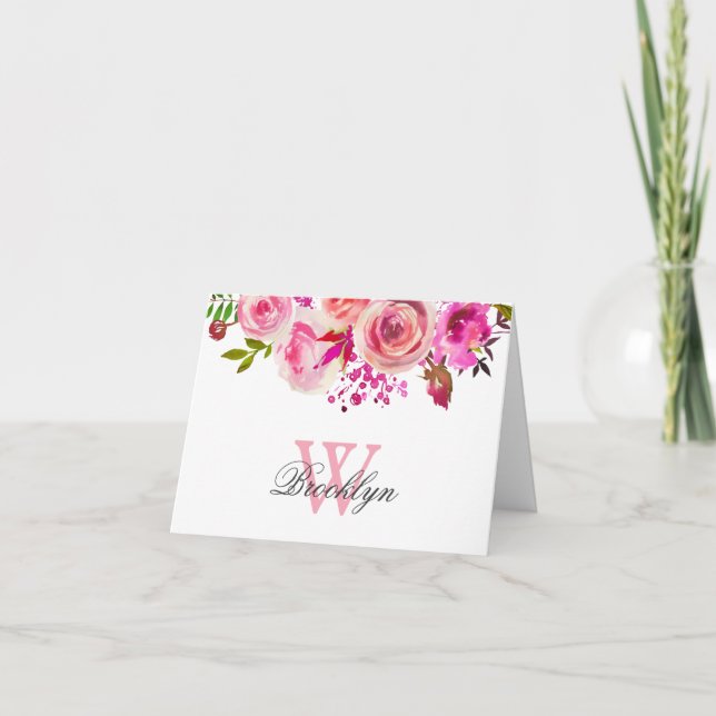 Tarjeta de nota monogramada floral brillante rosa  (Anverso)