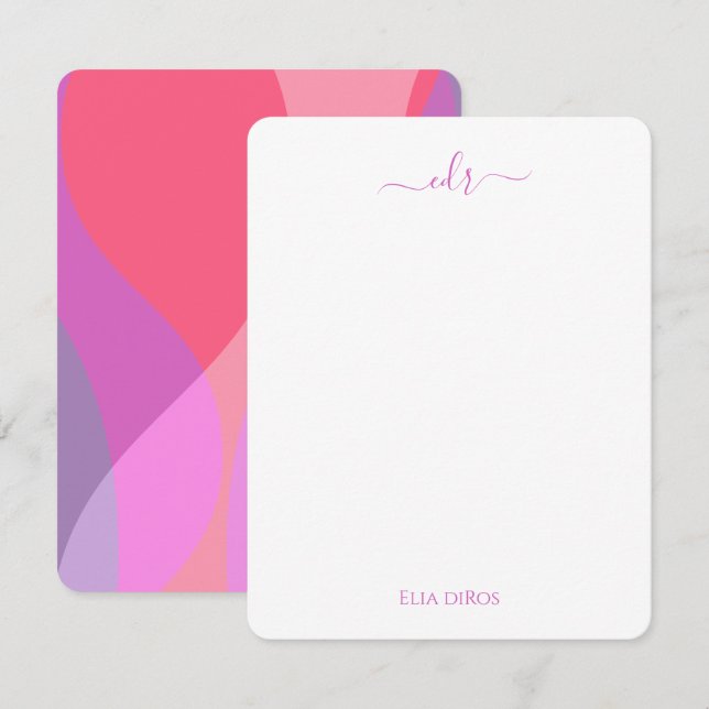 Tarjeta de nota monogramada rosa y púrpura (Anverso / Reverso)