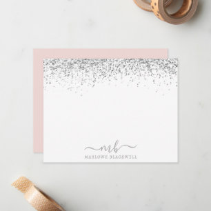 Tarjeta de nota monogramada rosada Rubor Purpurina