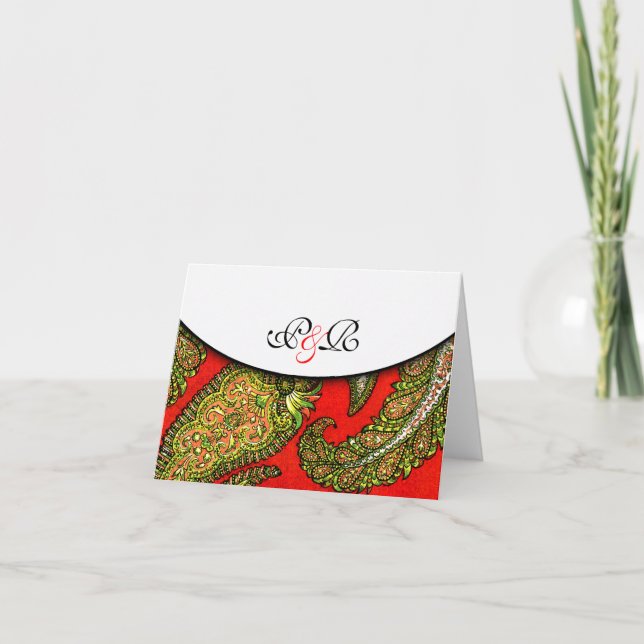 Tarjeta de nota monogramada Vivid Red Paisley (Anverso)