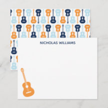 Tarjeta de nota musical de guitarra azul y naranja
