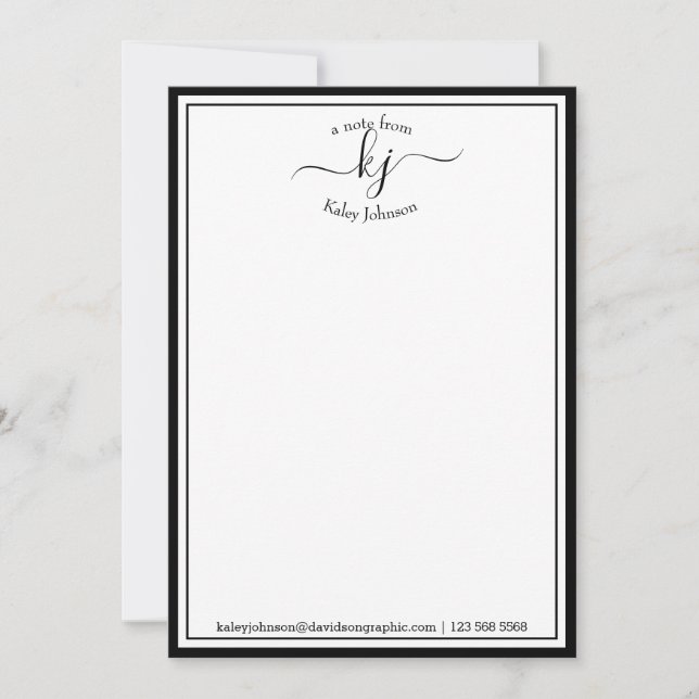 Tarjeta de nota negra blanca monogramada de la mes (Anverso)