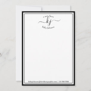Tarjeta de nota negra blanca monogramada de la mes