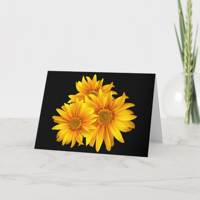 Tarjeta de nota negra floral en blanco de girasol (Anverso)
