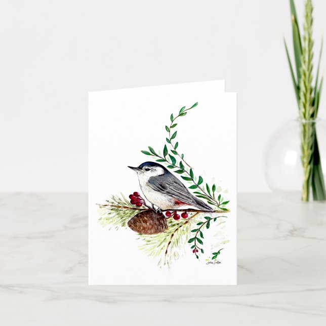 Tarjeta de nota Nuthatch Beauty Watercolor (Nuthatch Beautiful Watercolor Bird On Branch Pine Cone by Jenn Steffen Art)