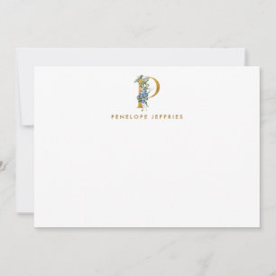 Tarjeta de nota P de la carta dorada floral acuare