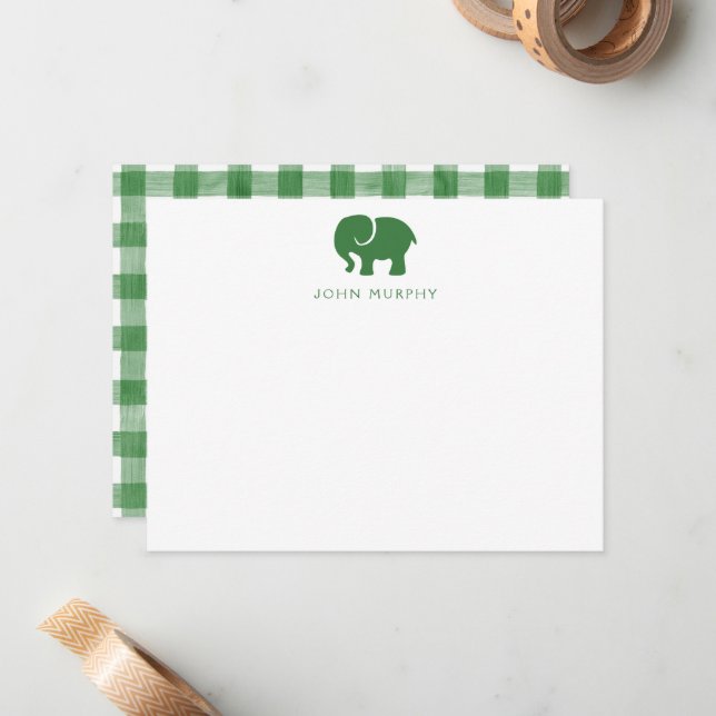 Tarjeta de nota para bebé, elefante verde a cuadro (Anverso/Reverso In Situ)