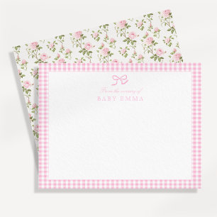 Tarjeta de nota para bebé floral rosa de Gingham y
