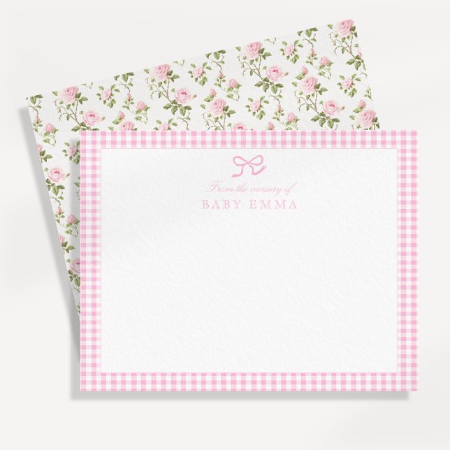 Tarjeta de nota para bebé floral rosa de Gingham y (Subido por el creador)