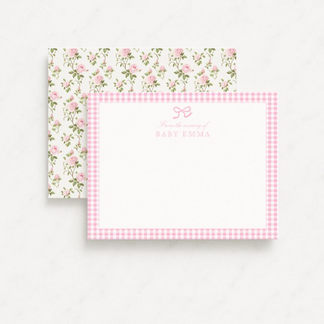 Tarjeta de nota para bebé floral rosa de Gingham y (Subido por el creador)