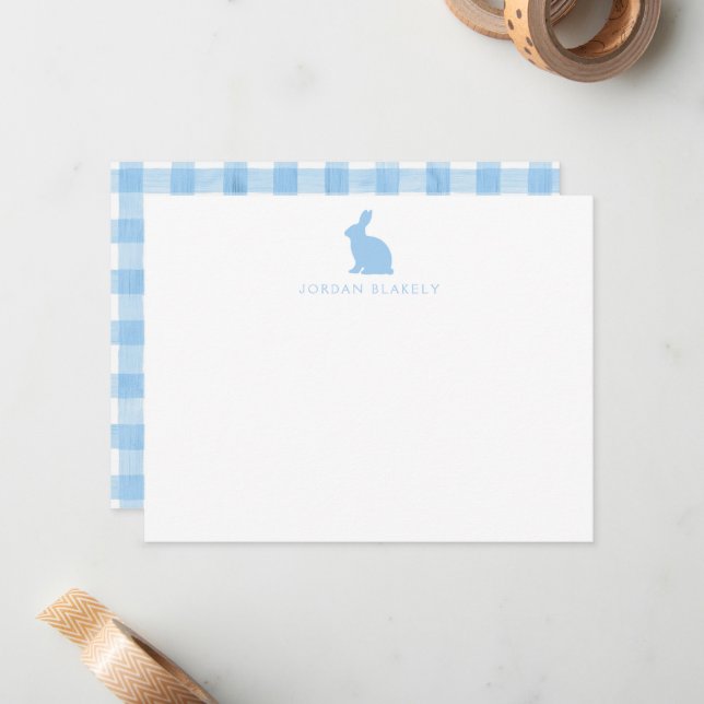 Tarjeta de nota para bebé, gingham de conejo azul  (Anverso/Reverso In Situ)