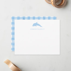 Tarjeta de nota para bebé, gingham de delfín azul 