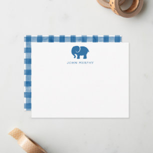 Tarjeta de nota para bebé, gingham de elefante azu