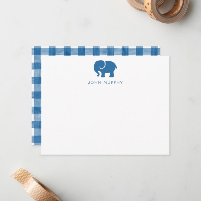 Tarjeta de nota para bebé, gingham de elefante azu (Anverso/Reverso In Situ)