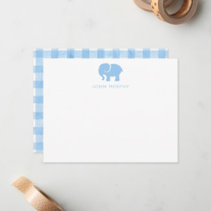 Tarjeta de nota para bebé, gingham de elefante azu