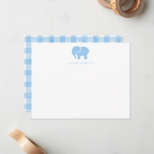 Tarjeta de nota para bebé, gingham de elefante azu (Anverso/Reverso In Situ)