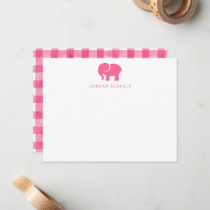 Tarjeta de nota para bebé, gingham de elefante ros