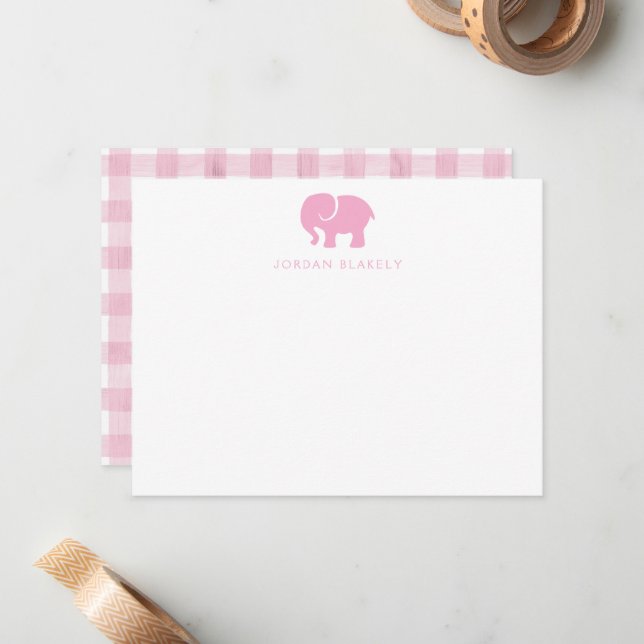 Tarjeta de nota para bebé, gingham de elefante ros (Anverso/Reverso In Situ)