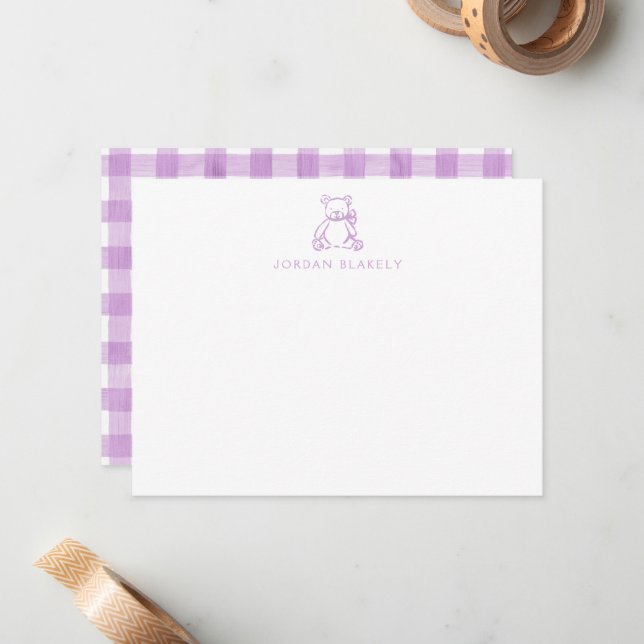 Tarjeta de nota para bebé, oso de peluche púrpura  (Anverso/Reverso In Situ)