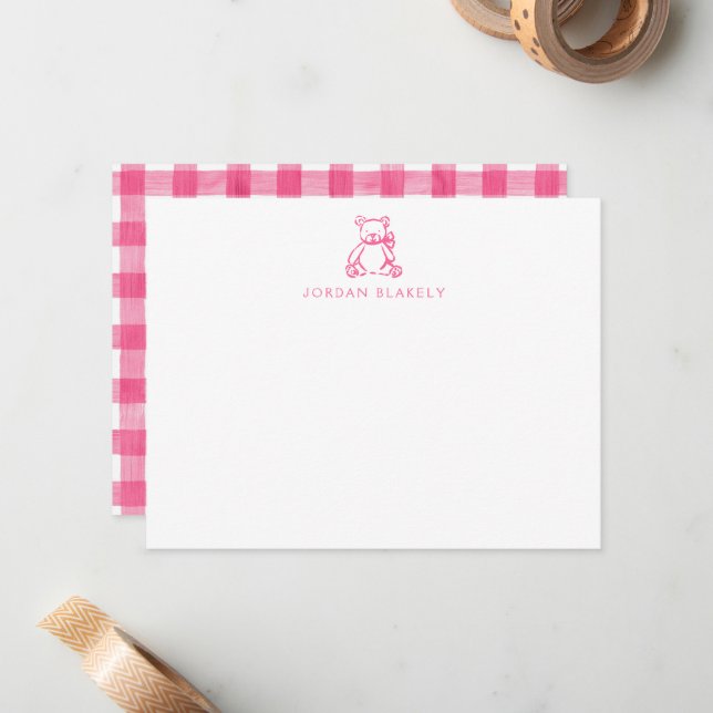 Tarjeta de nota para bebé, Oso de peluche rosa Gin (Anverso/Reverso In Situ)