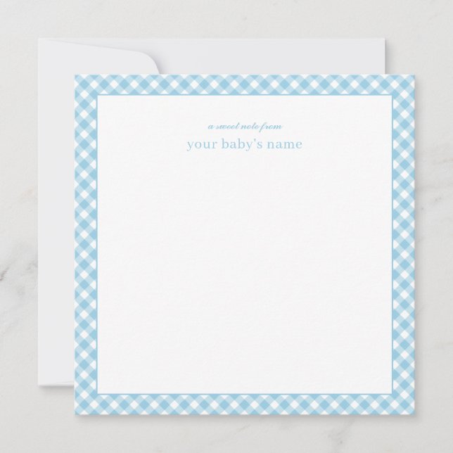 Tarjeta de nota para bebés de Gingham Blue Elegant (Anverso)