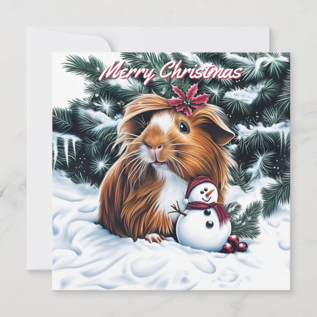 Tarjeta de nota para Navidades de cerdo y snowman  (Anverso)